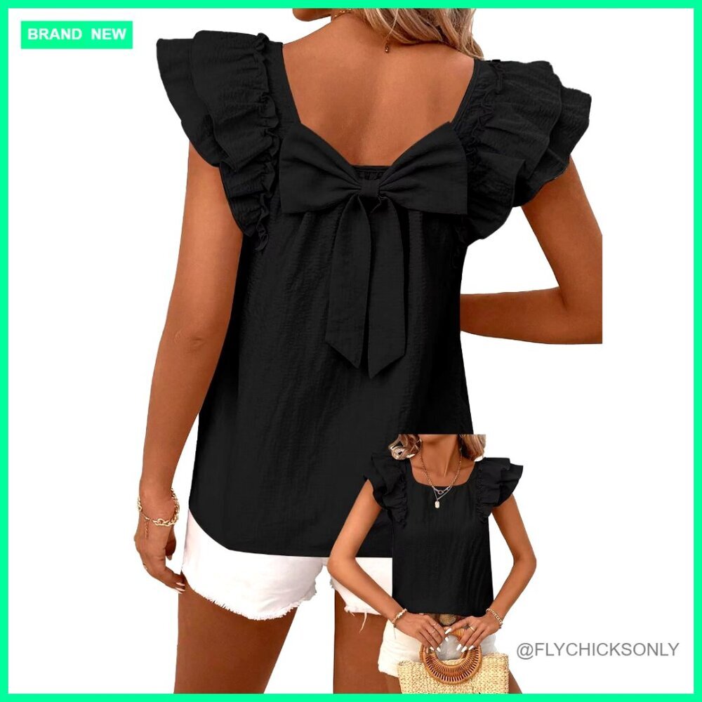 Ruffle Sleeve Bow Back Babydoll Tunic Top Chiffon Blouse